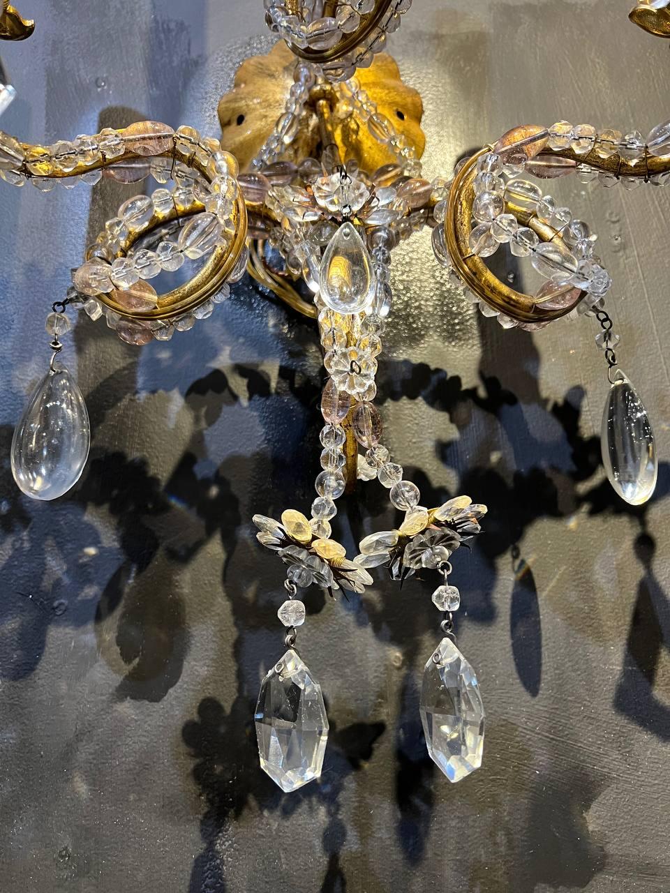 1930's French Bagues Sconces with 3 Scroll Arms and Beaded Crystals  For Sale 3