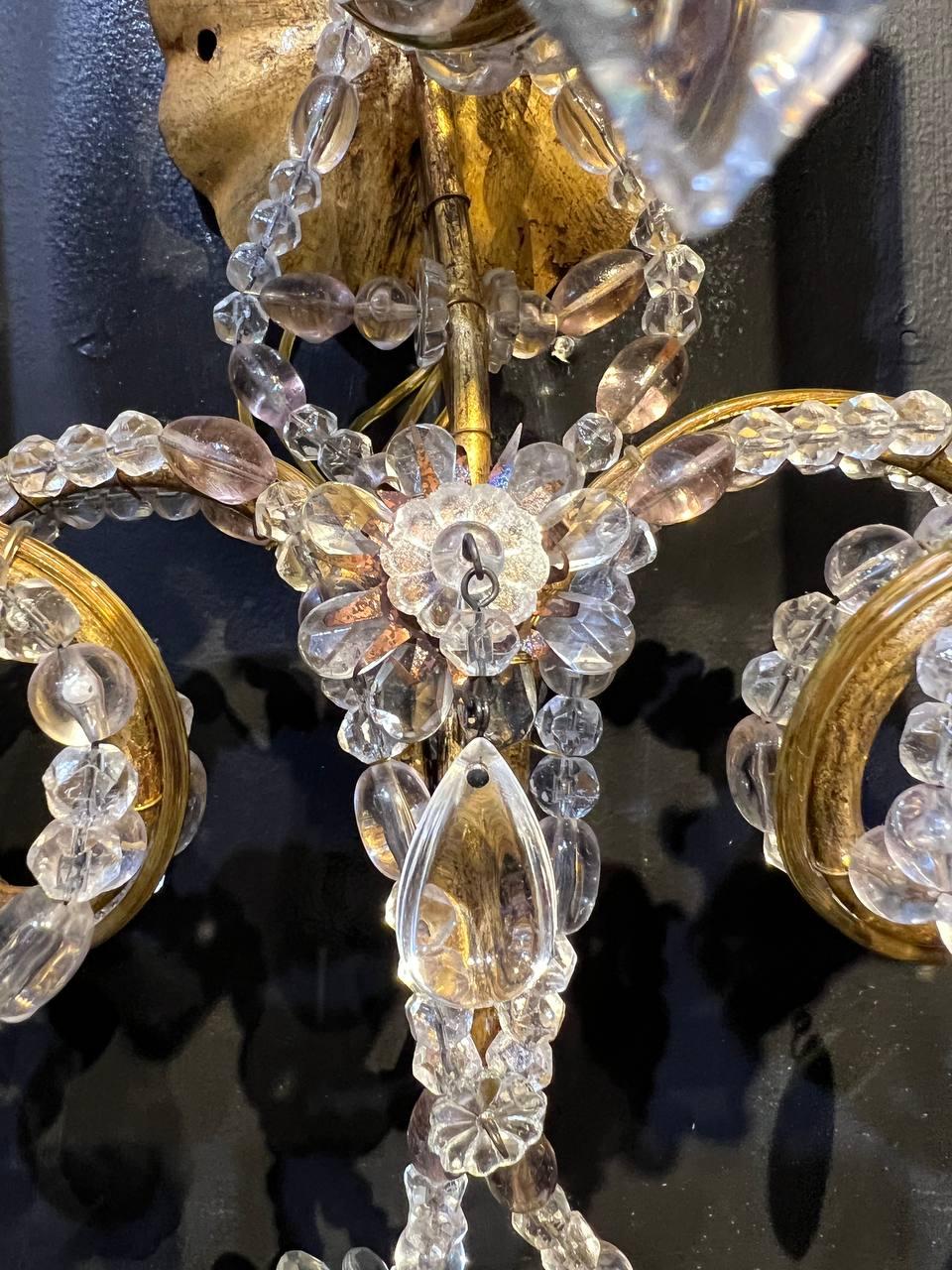 1930's French Bagues Sconces with 3 Scroll Arms and Beaded Crystals  For Sale 4
