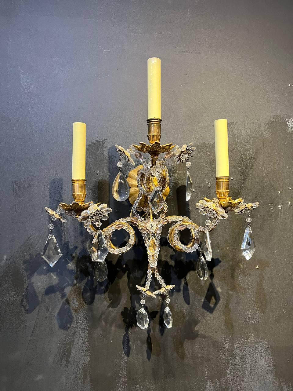 1930's French Bagues Sconces with 3 Scroll Arms and Beaded Crystals  For Sale 5