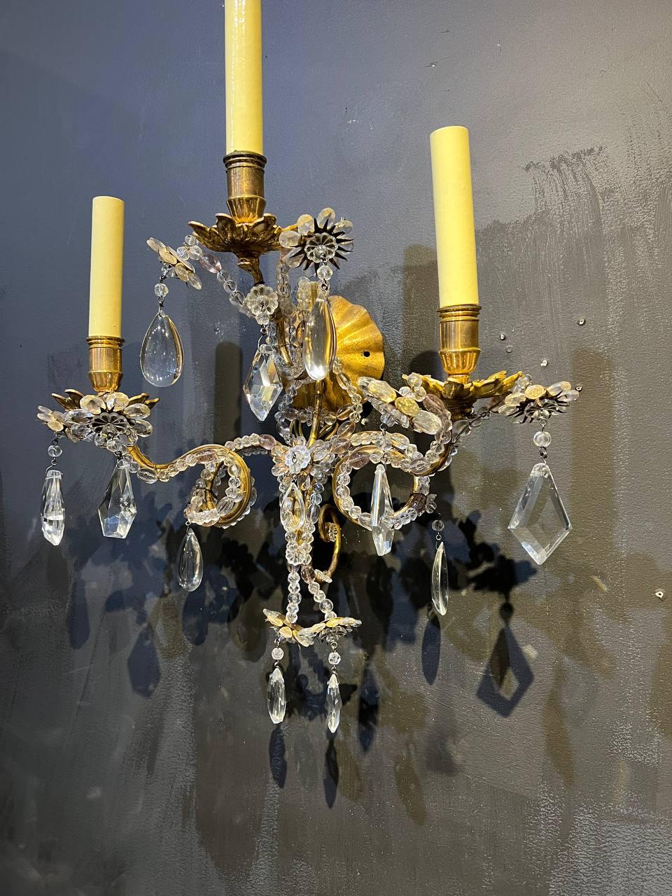 Gilt 1930's French Bagues Sconces with 3 Scroll Arms and Beaded Crystals  For Sale