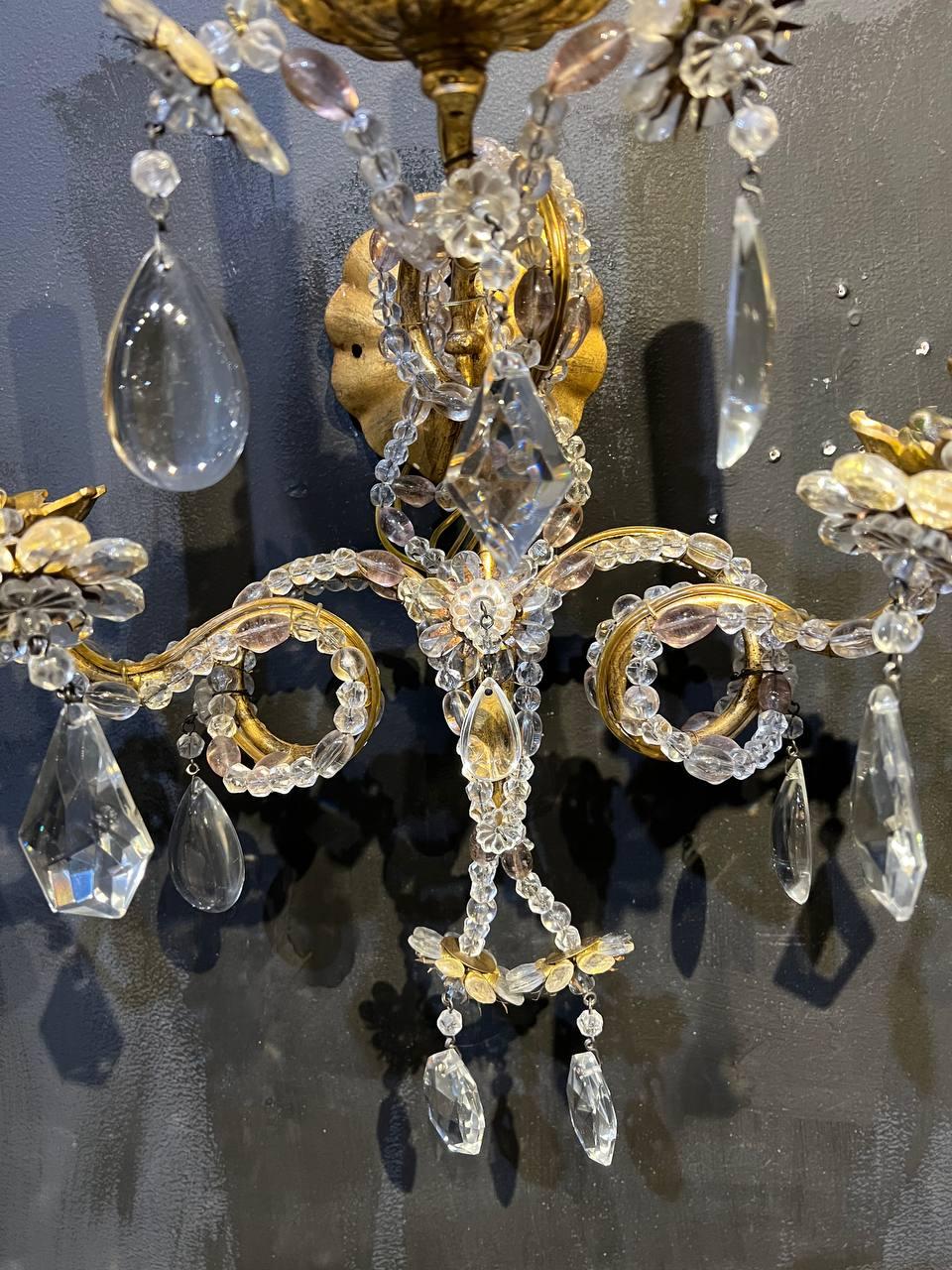 Mid-20th Century 1930's French Bagues Sconces with 3 Scroll Arms and Beaded Crystals  For Sale