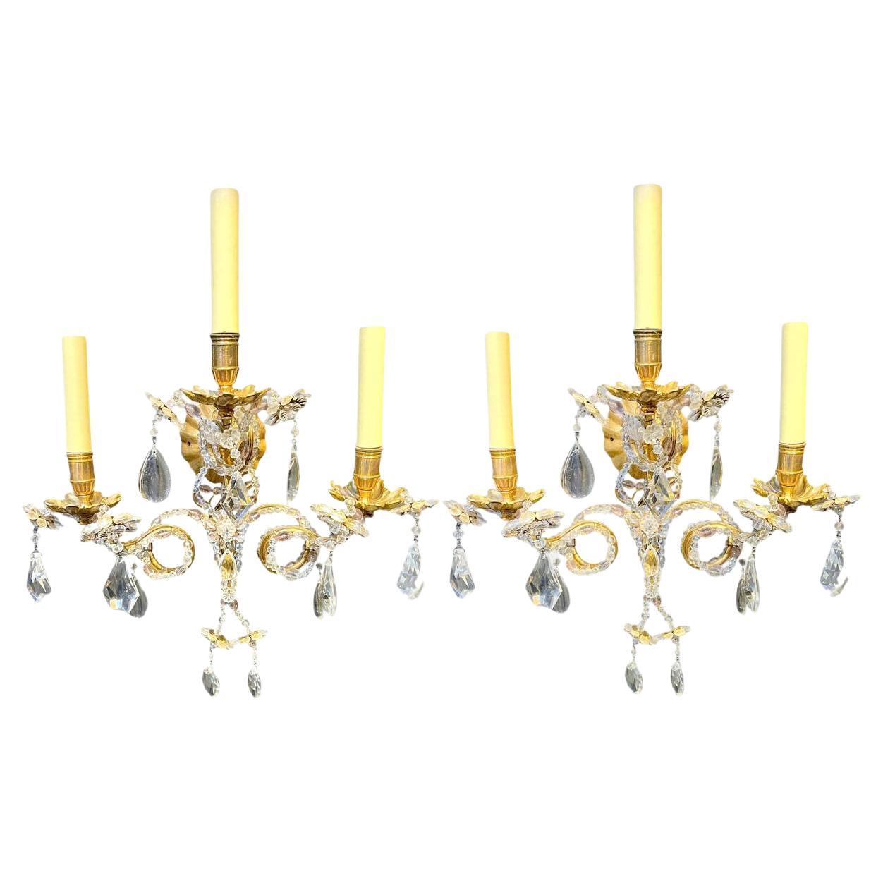 1930's French Bagues Sconces with 3 Scroll Arms and Beaded Crystals 