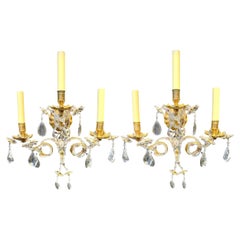 1930's French Bagues Sconces with 3 Scroll Arms and Beaded Crystals 