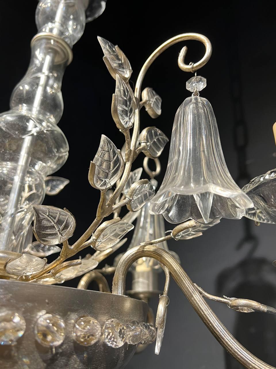 A circa 1930’s French Bagues chandelier silvered leaf finish with glass leaves and hanging glass flowers, 5 interior lights 