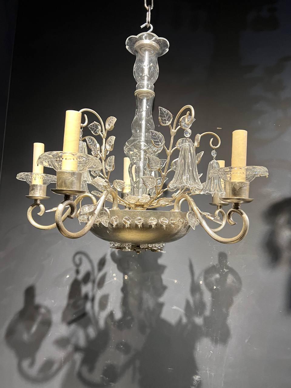 Mid-20th Century 1930’s French Bagues Silver Leaf Chandelier For Sale