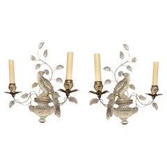 1930's French Bagues Silver Leaf Two Lights Birds Sconces