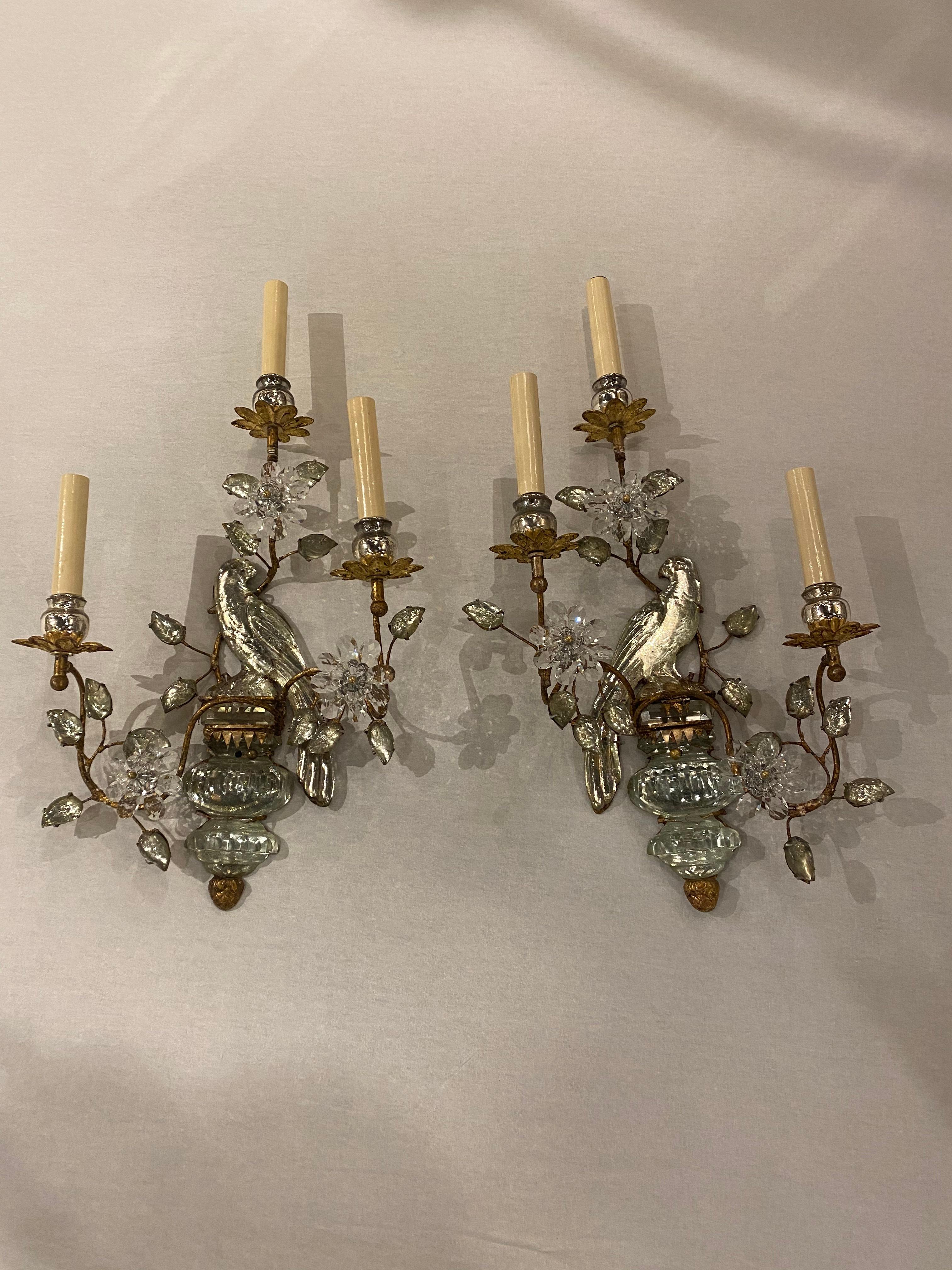 French Provincial 1930’s French Bagues Crystal Birds Sconces 3 Lights For Sale