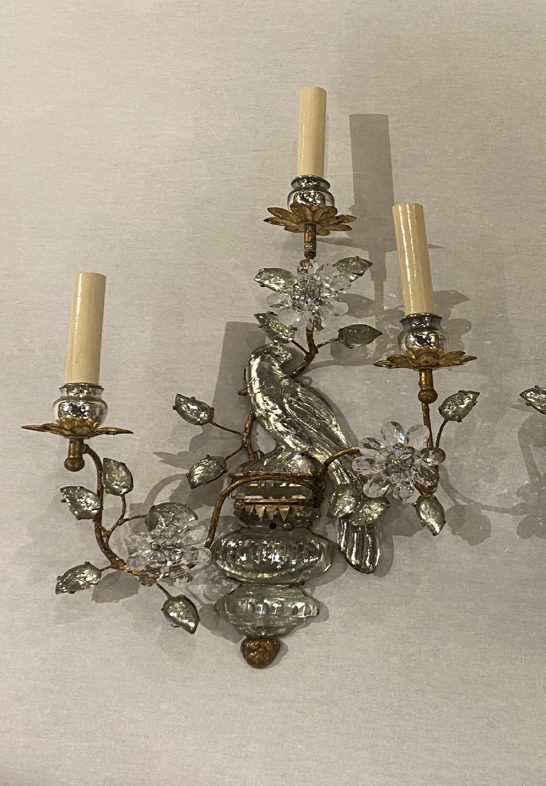 Gilt 1930’s French Bagues Crystal Birds Sconces 3 Lights For Sale