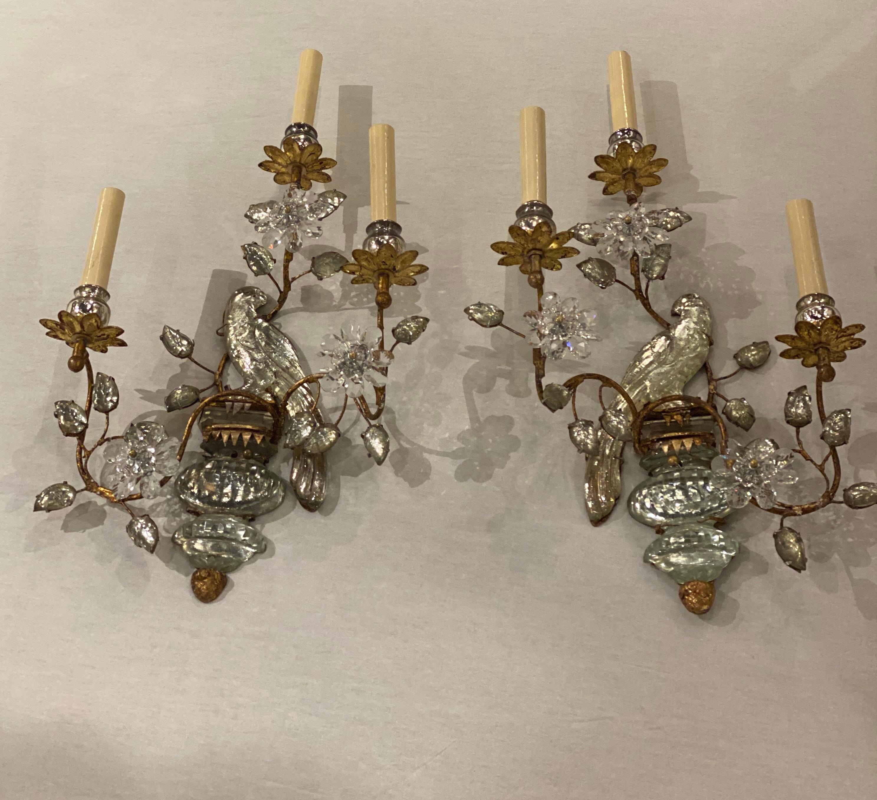 1930’s French Bagues Crystal Birds Sconces 3 Lights In Good Condition For Sale In New York, NY