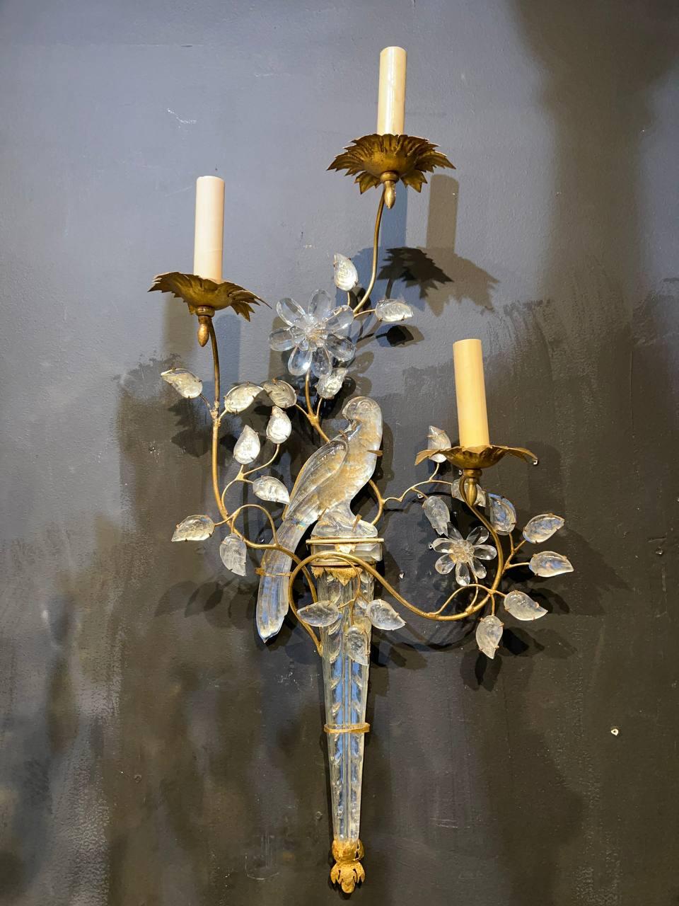 French Provincial 1930's French Bagues Gilt Metal 3 Lights Sconces with Crystal Birds For Sale