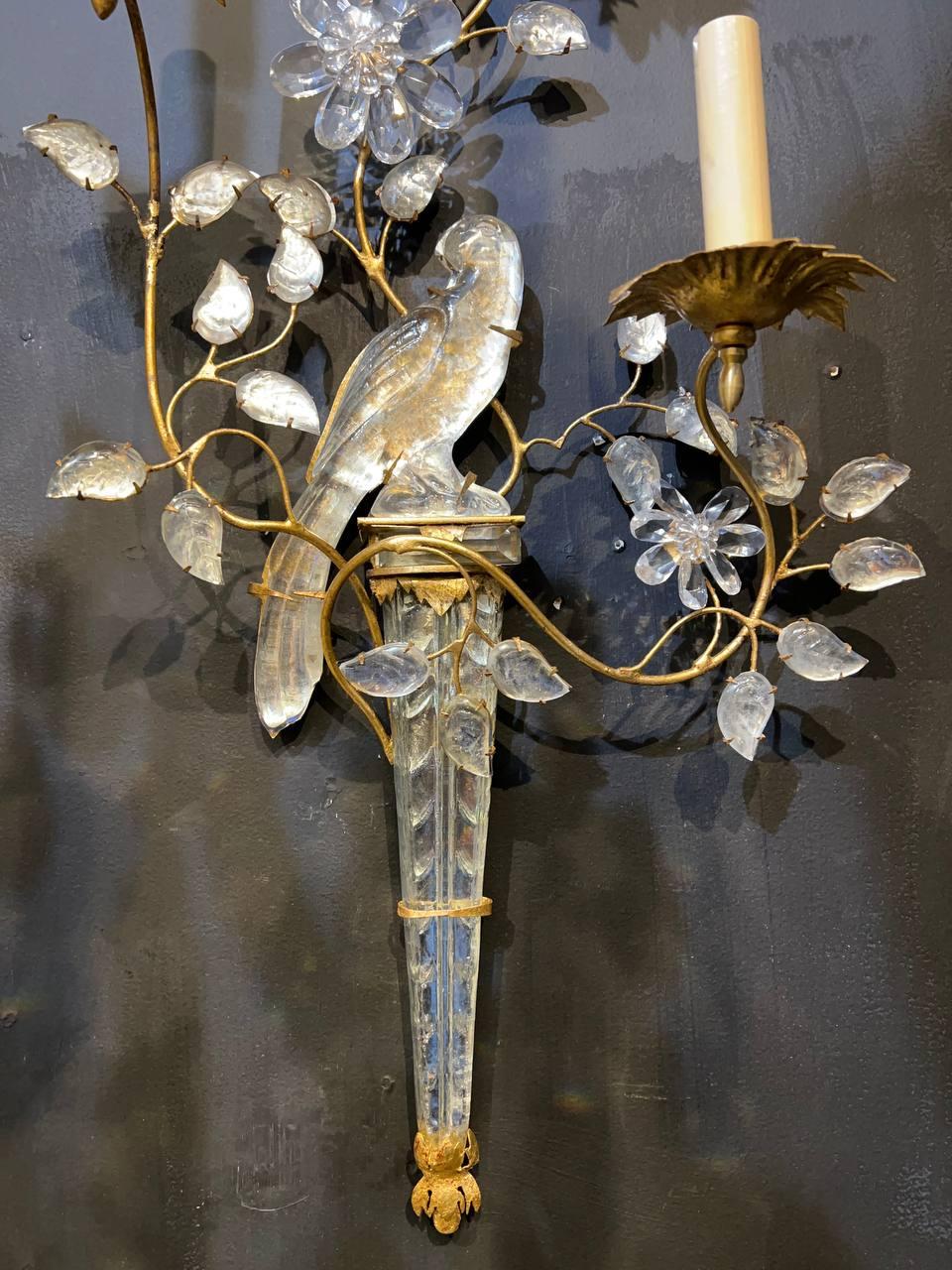 1930's French Bagues Gilt Metal 3 Lights Sconces with Crystal Birds In Good Condition For Sale In New York, NY
