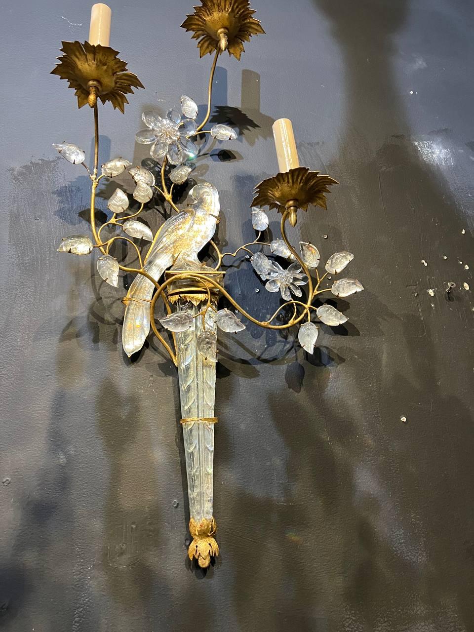 1930's French Bagues Gilt Metal 3 Lights Sconces with Crystal Birds For Sale 1