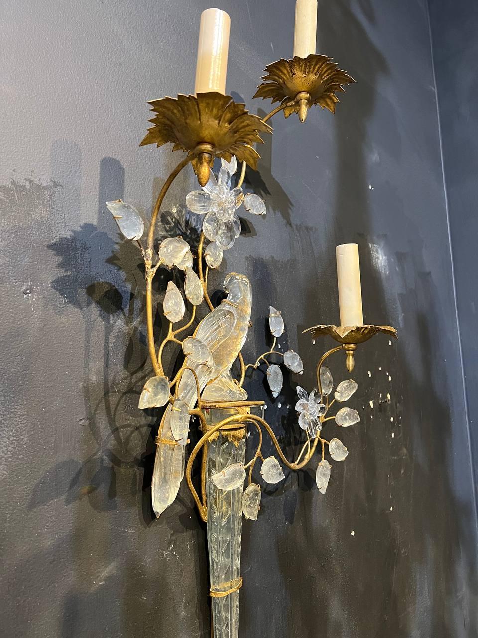 1930's French Bagues Gilt Metal 3 Lights Sconces with Crystal Birds For Sale 2