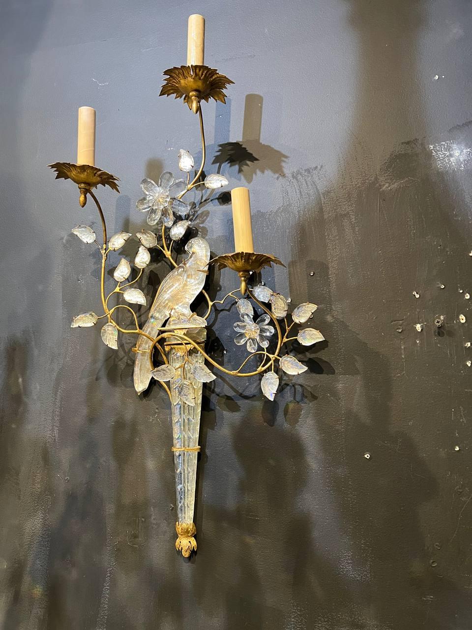 1930's French Bagues Gilt Metal 3 Lights Sconces with Crystal Birds For Sale 3