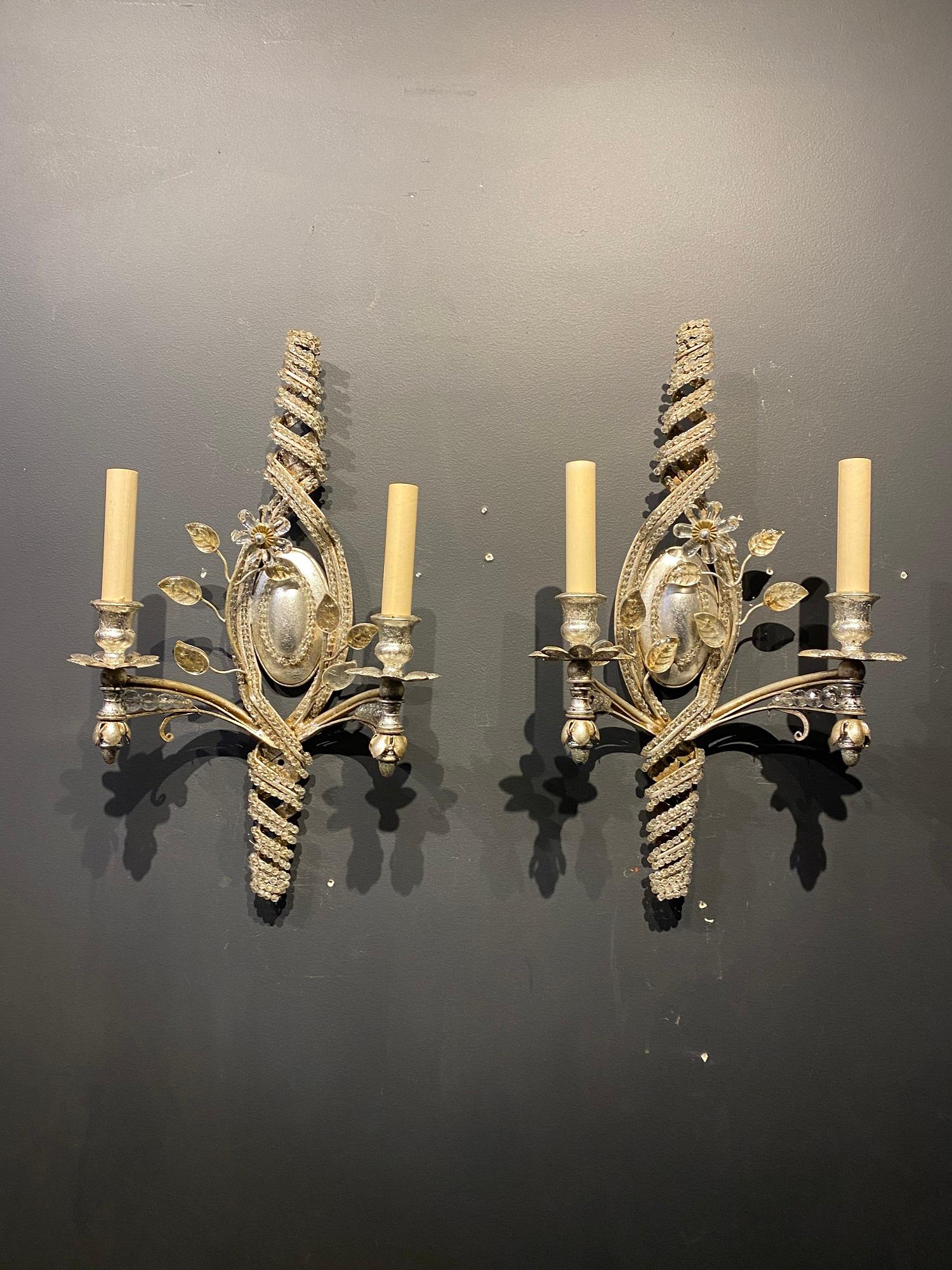 A pair of 1930’s French Bagues silver plated sconces with crystals on body and crystal leaves. Great condition, no imperfections original finish and patina.