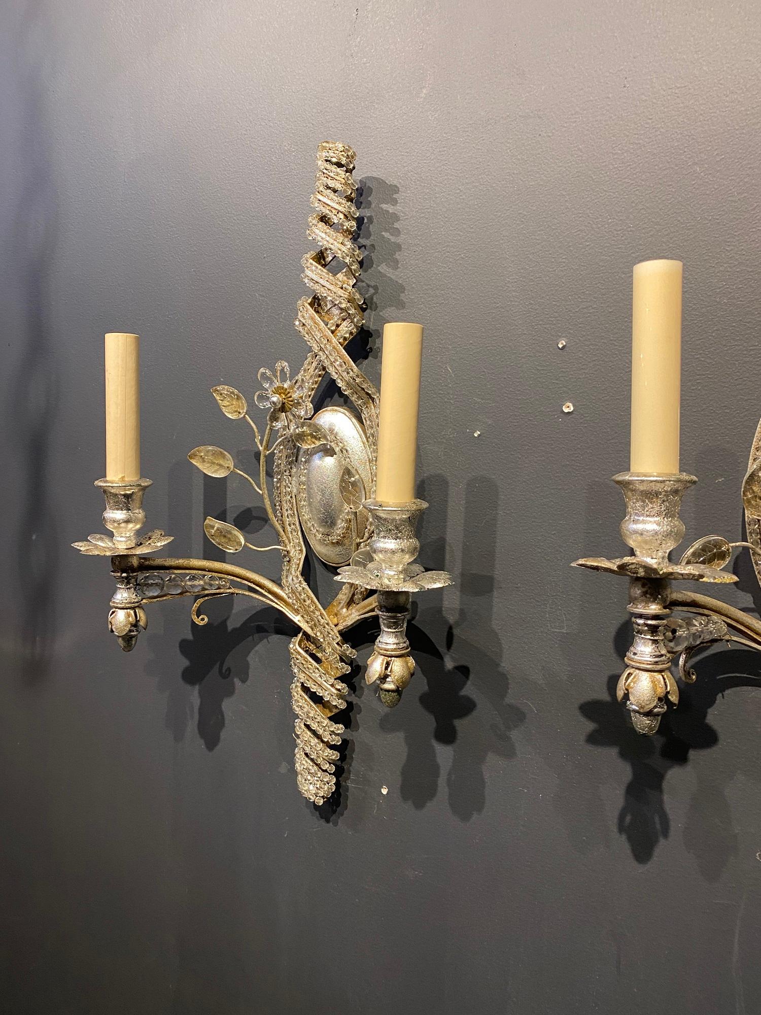 Mid-20th Century 1930s French Bagues Twisted silver plated Sconces For Sale