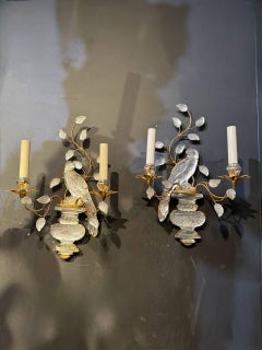 French Bagues Style Gold Leaf Two Lights Birds Sconces