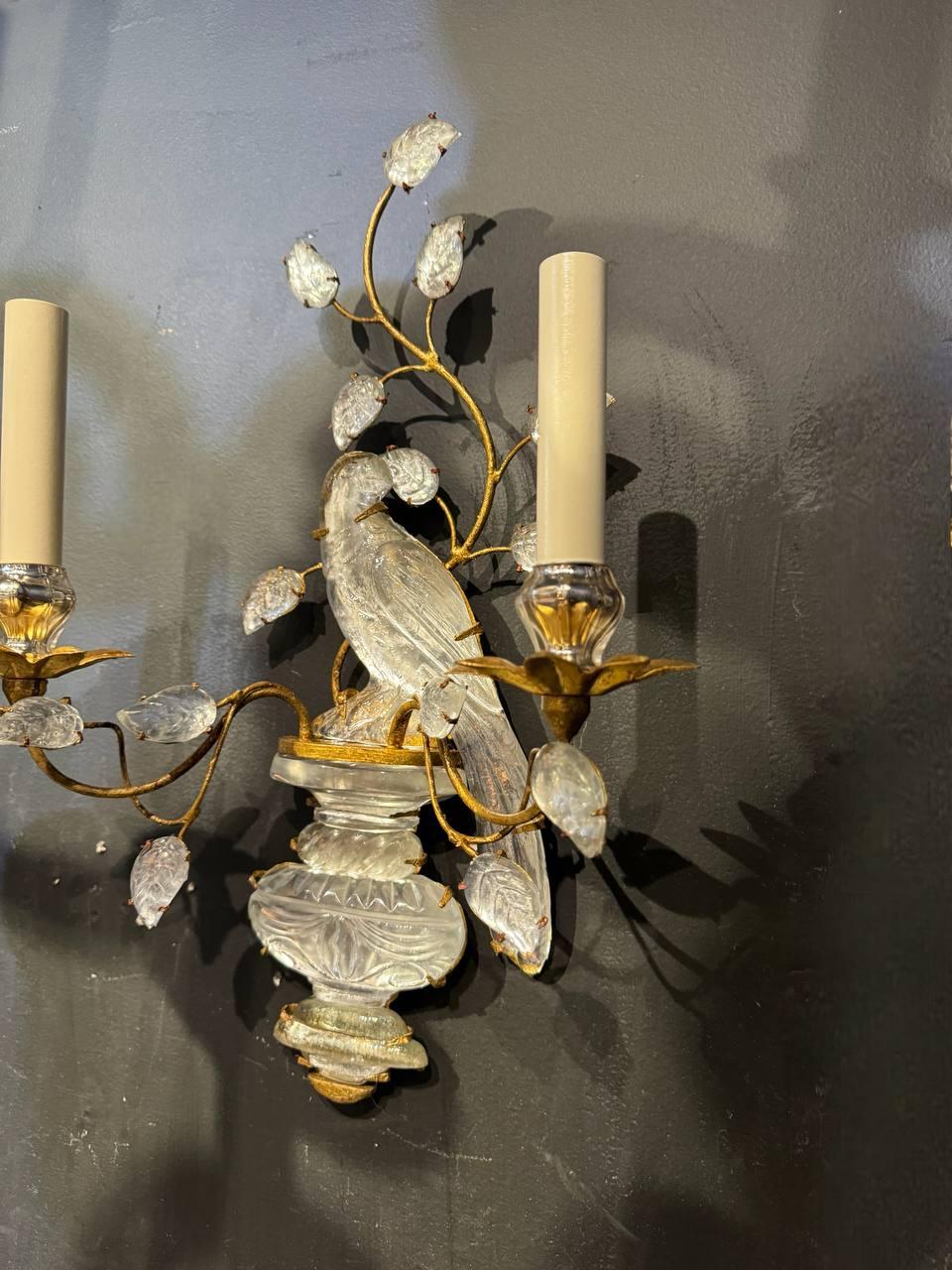 Francese 1930's French Bagues Gold Leaf Two Lights Birds Sconces in vendita