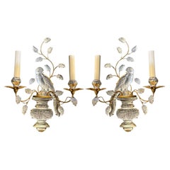 1930's French Bagues Gold Leaf Two Lights Birds Sconces