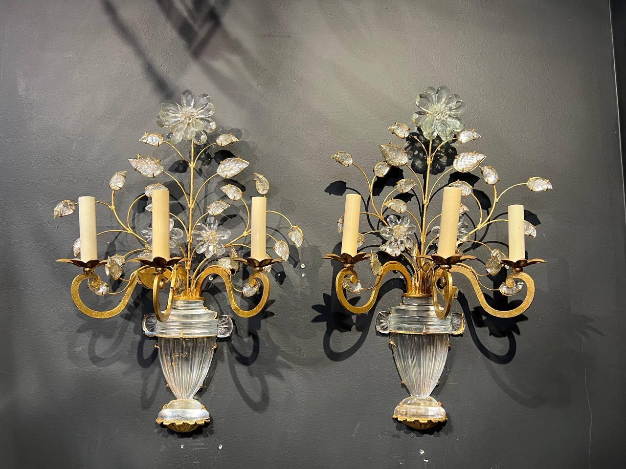 A pair of circa 1930’s French gilt metal Bagues sconces with 3 lights 
