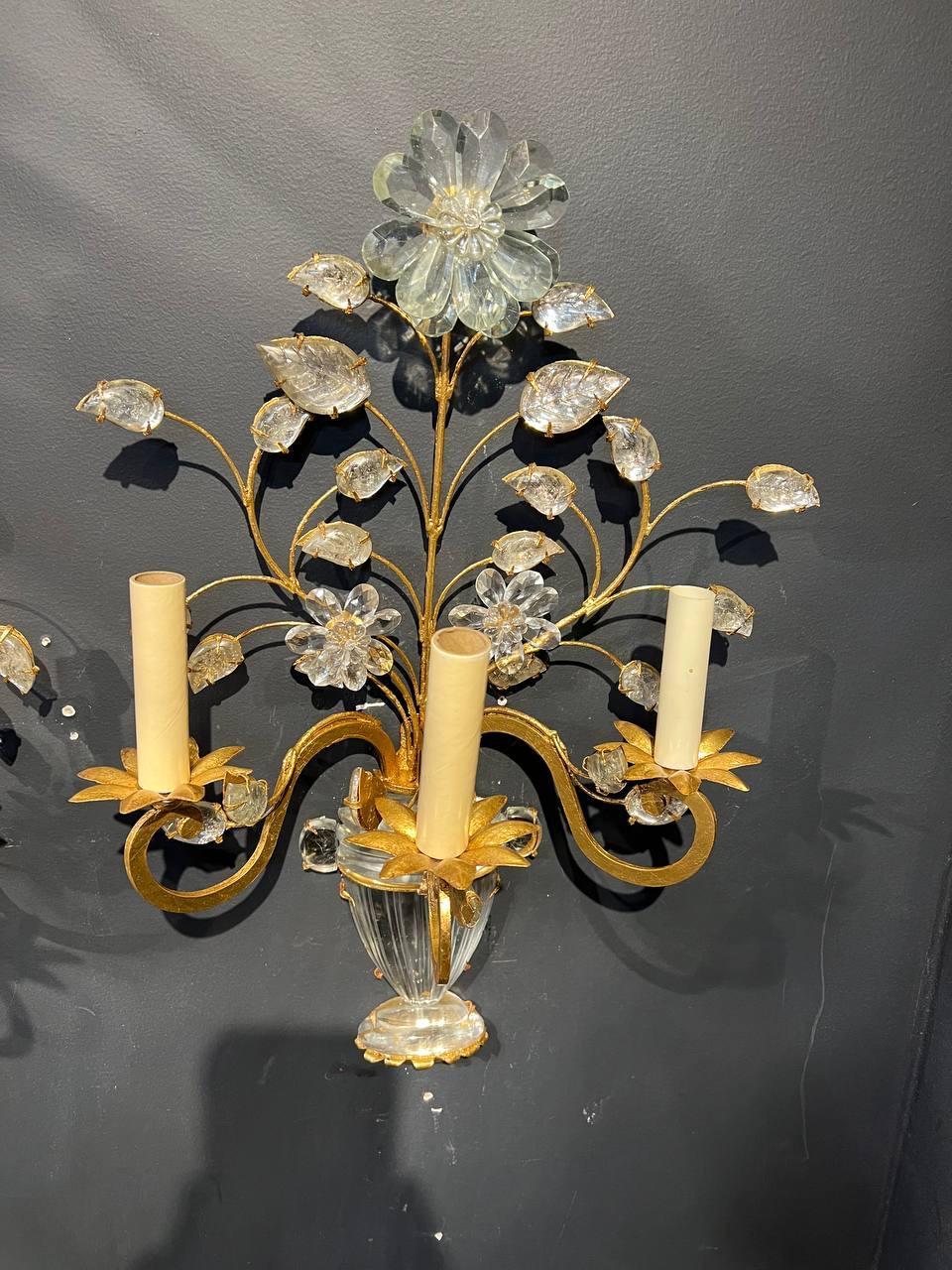 Gilt 1930's French Bagues Vase design 3 Lights Sconces For Sale