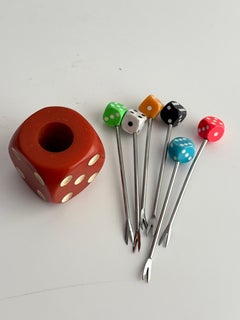1930s French Bakelite Dice Cocktail Pick Set With Holder