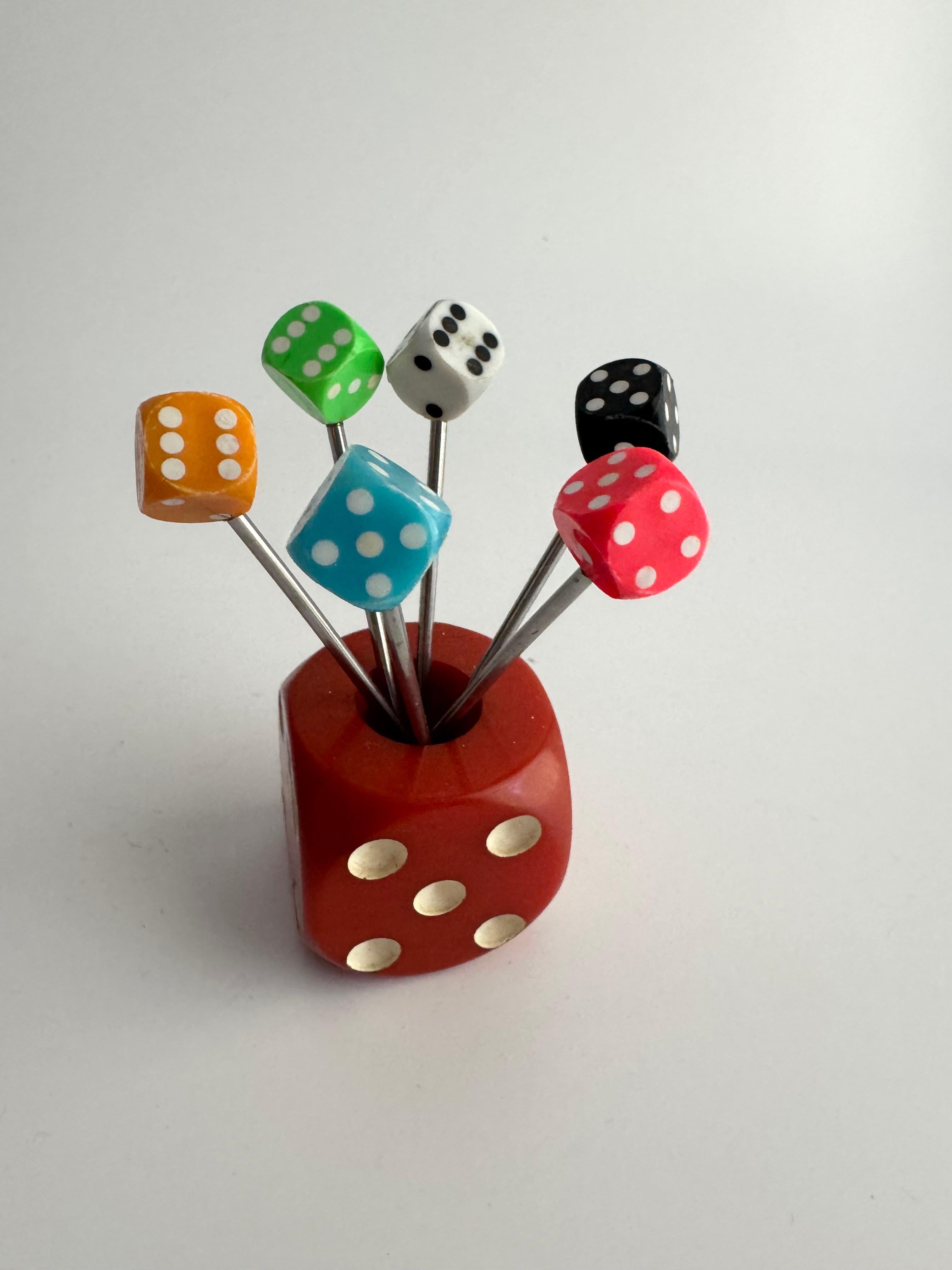 American 1930s French Bakelite Dice Cocktail Pick Set With Holder For Sale