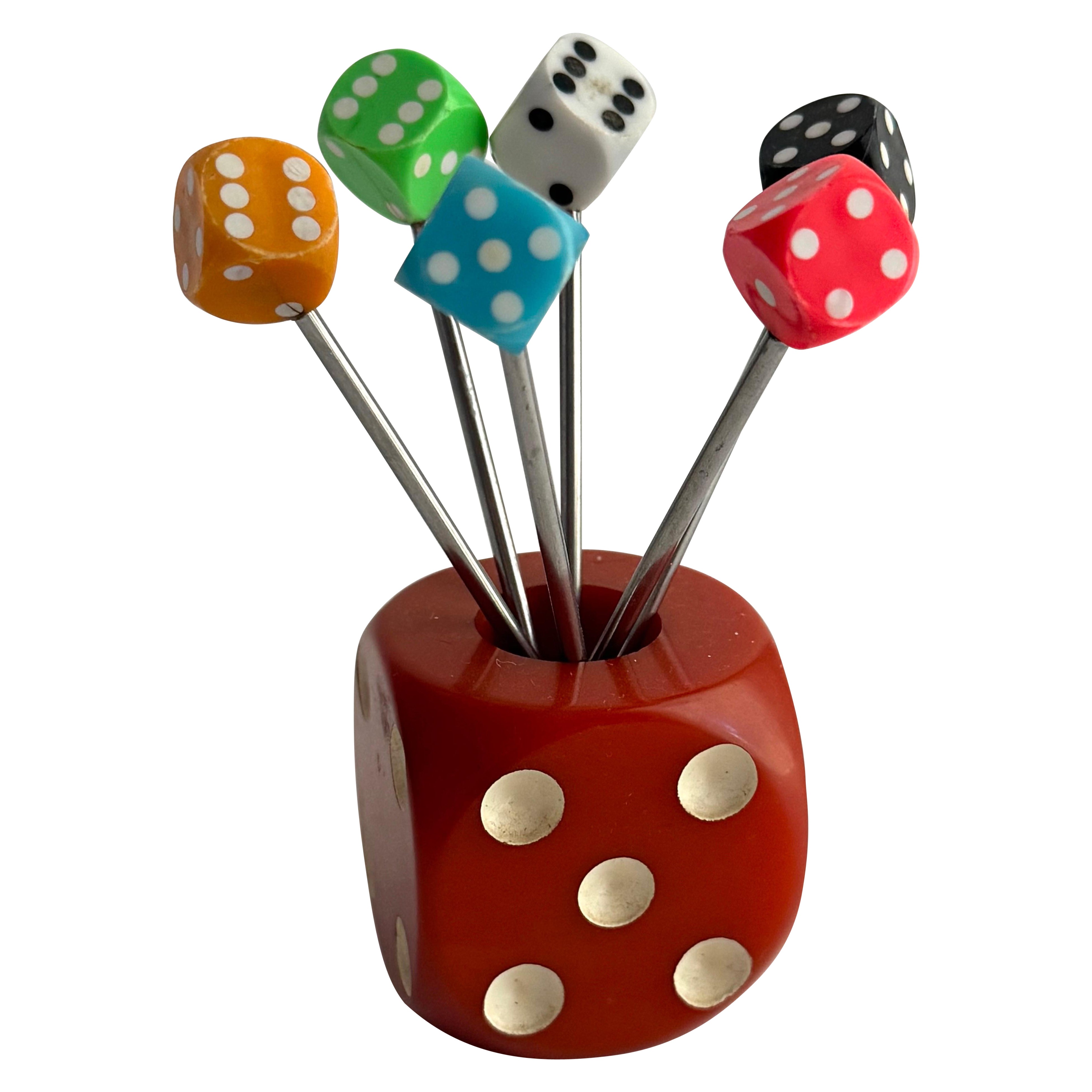 1930s French Bakelite Dice Cocktail Pick Set With Holder For Sale