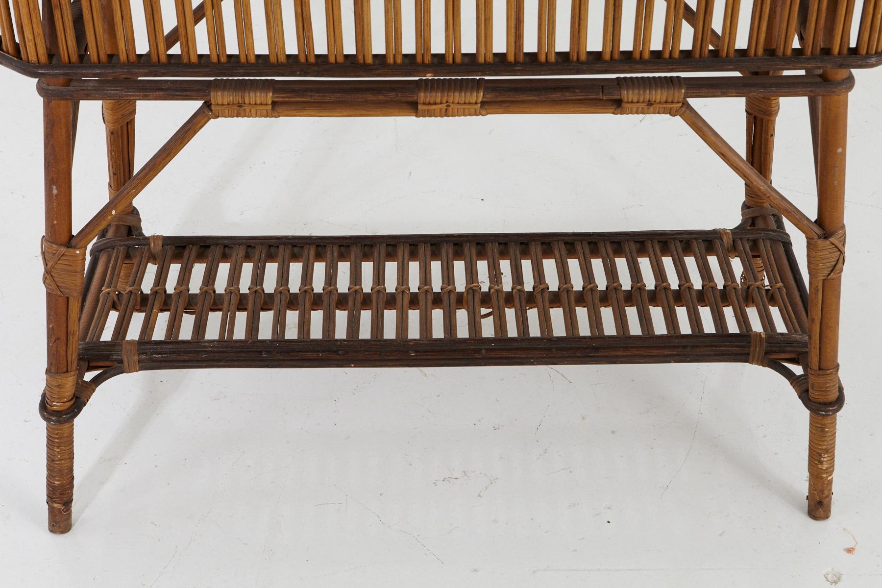 1930s French Bamboo and Wicker Console Table with Glass Top and Second Tier For Sale 2
