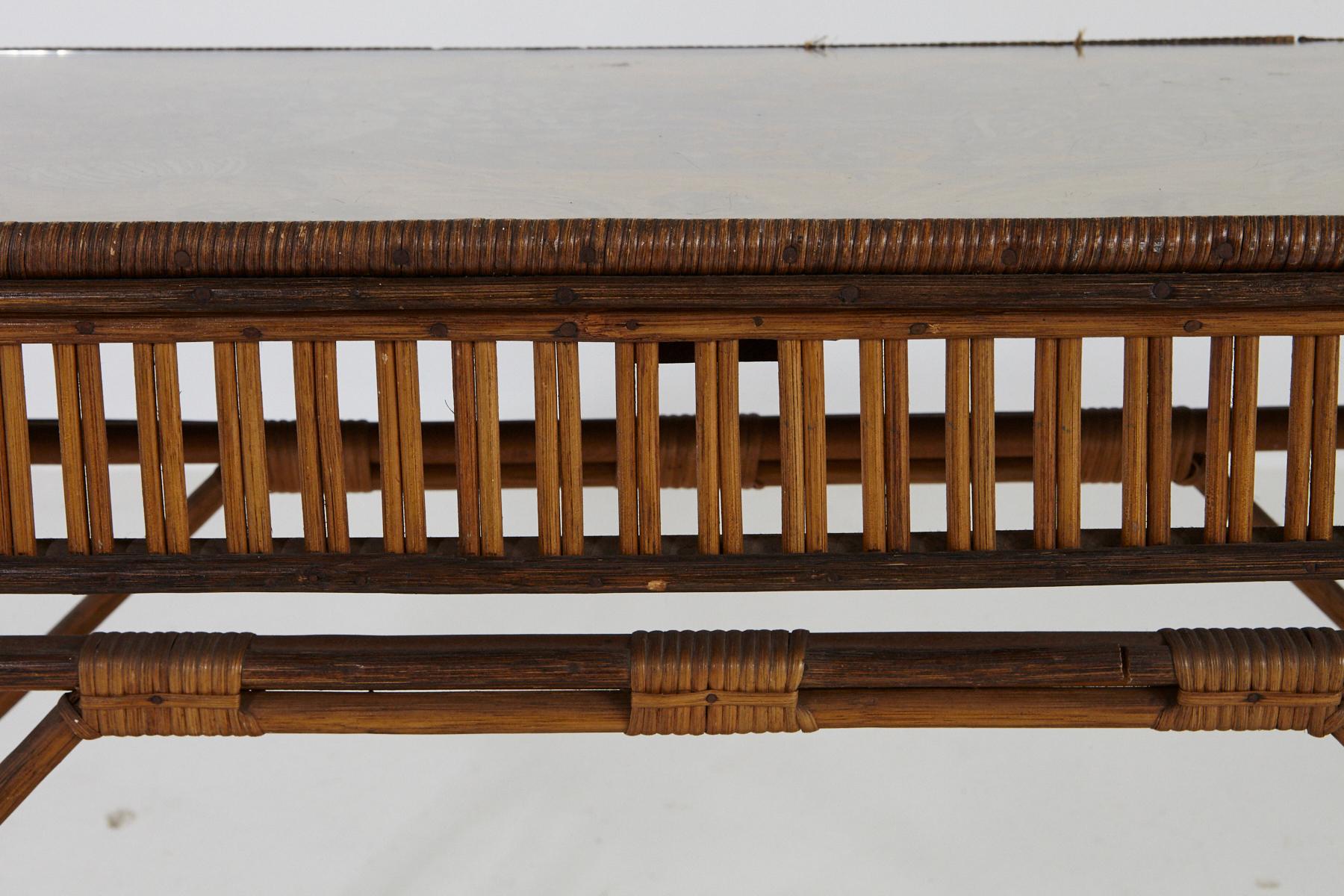 1930s French Bamboo and Wicker Console Table with Glass Top and Second Tier For Sale 3