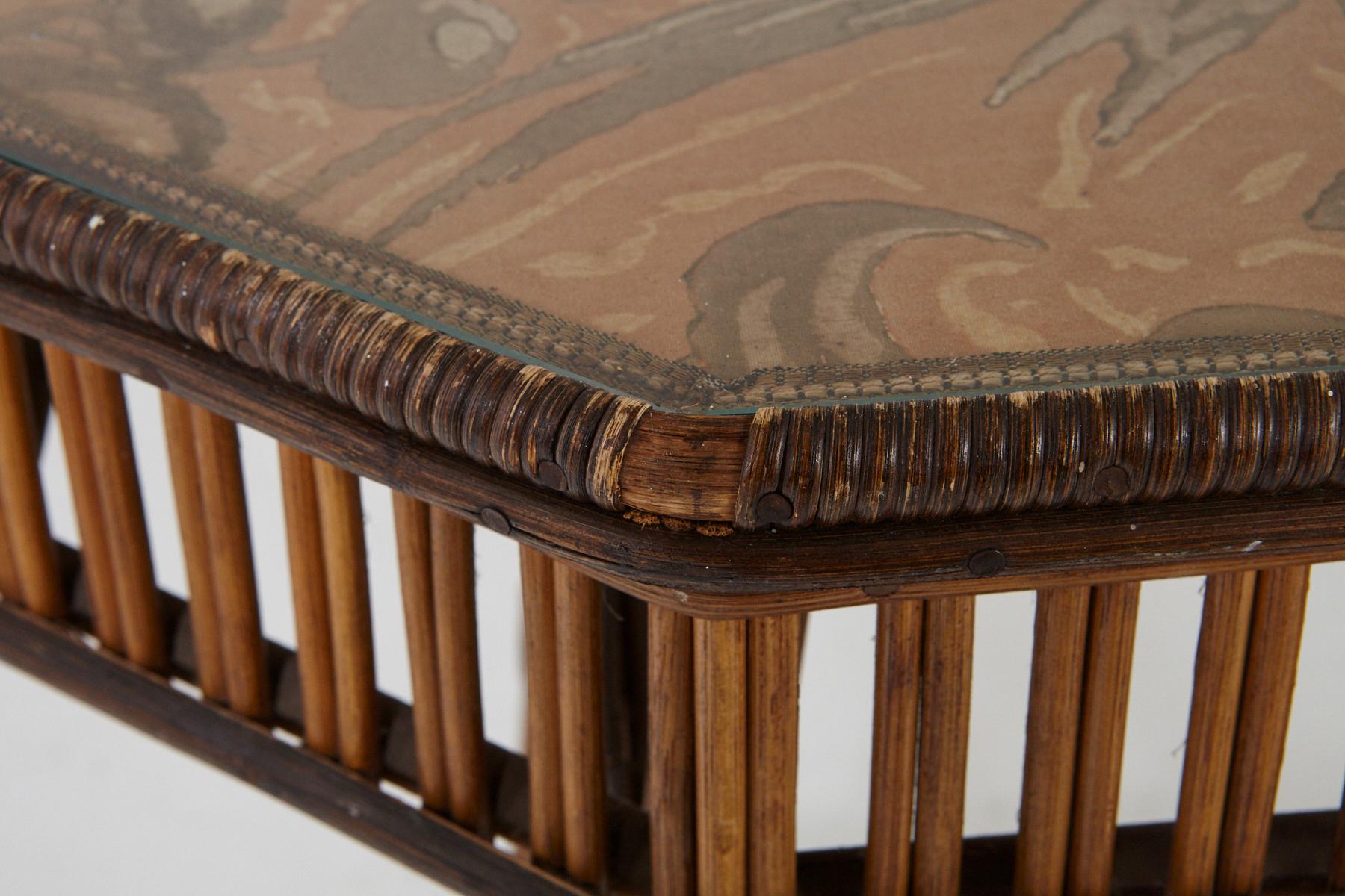 1930s French Bamboo and Wicker Console Table with Glass Top and Second Tier For Sale 4