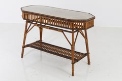 1930s French Bamboo and Wicker Console Table with Glass Top and Second Tier