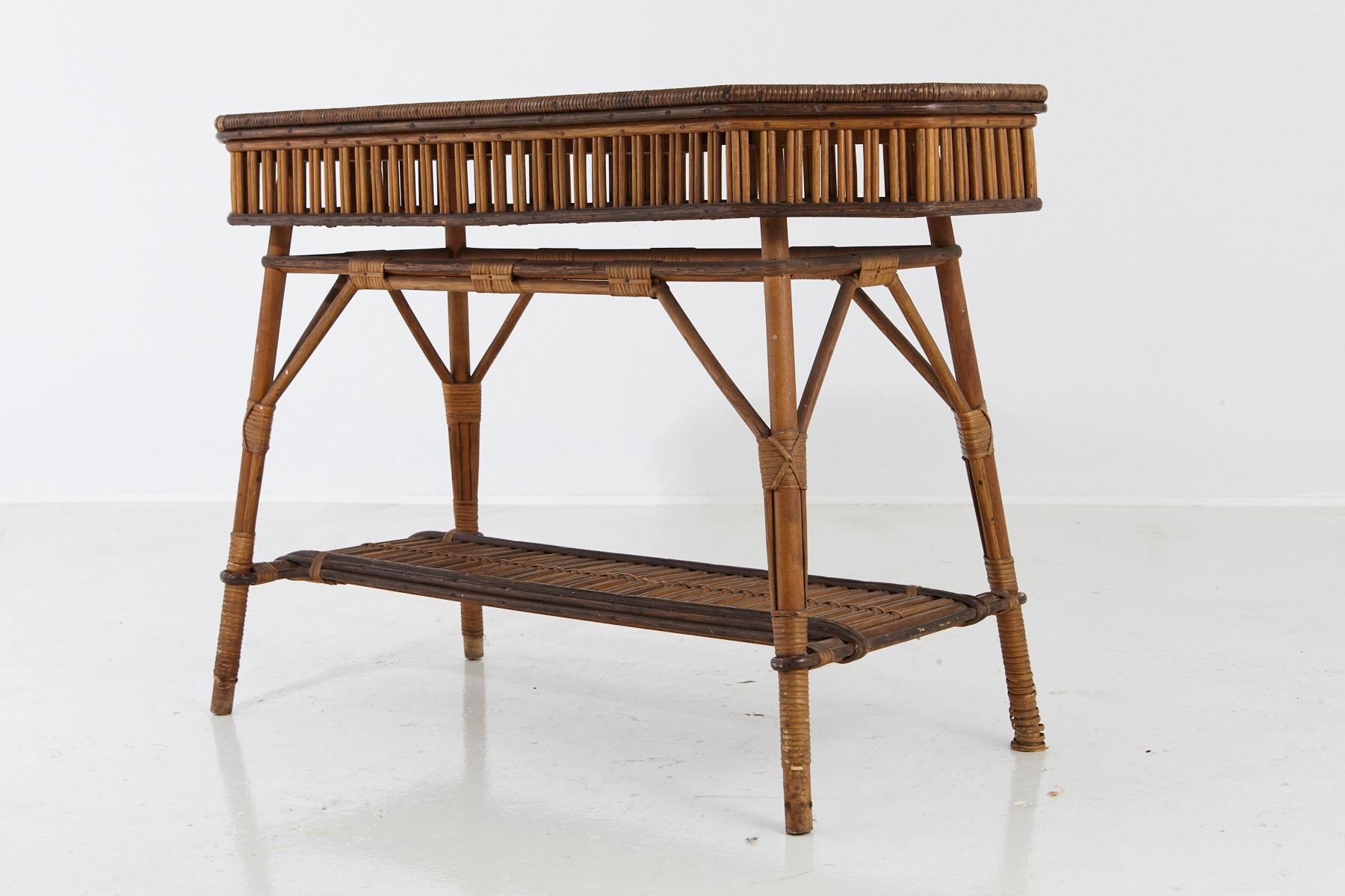 20th Century 1930s French Bamboo and Wicker Console Table with Glass Top and Second Tier