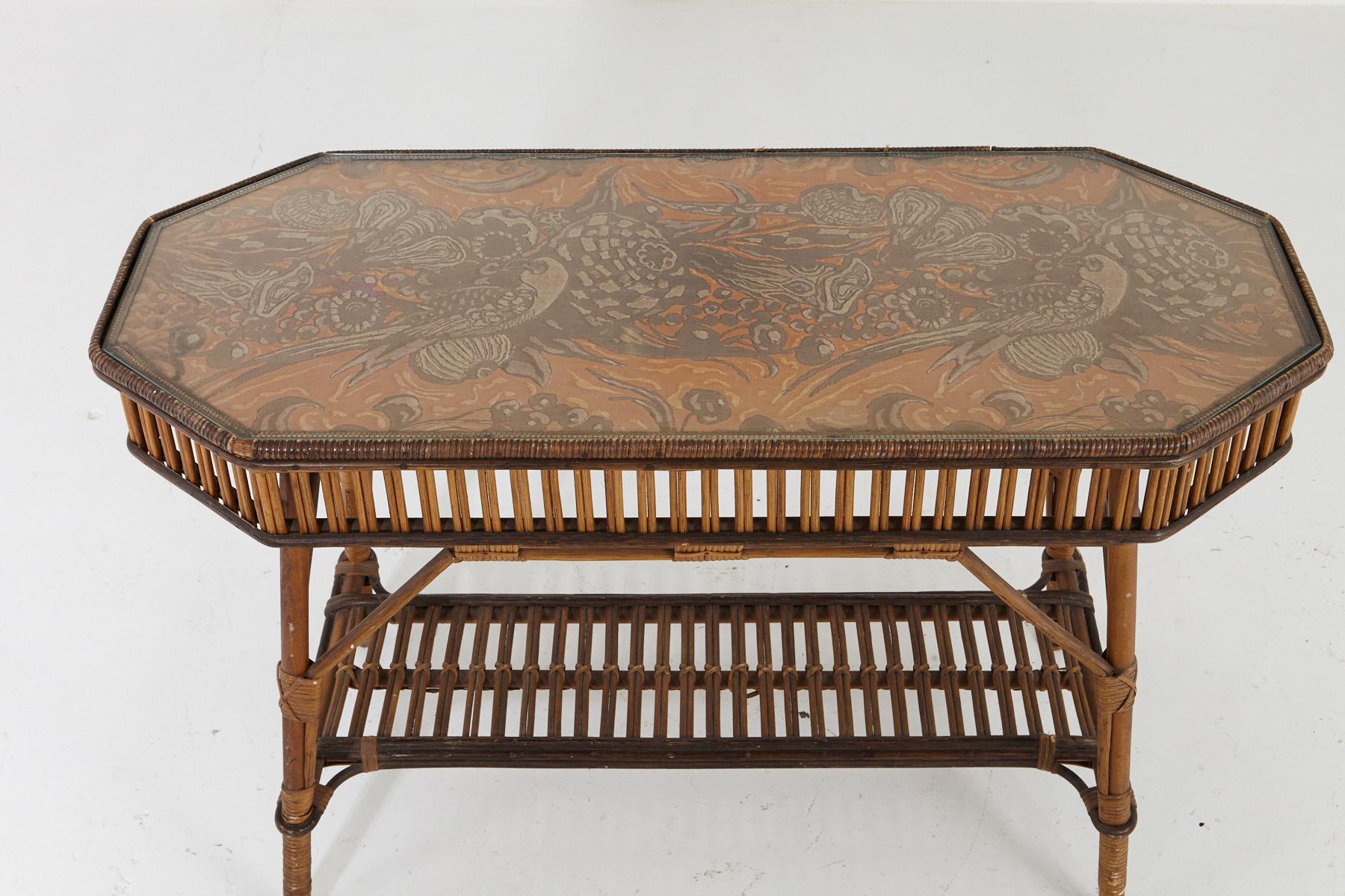 Fabric 1930s French Bamboo and Wicker Console Table with Glass Top and Second Tier