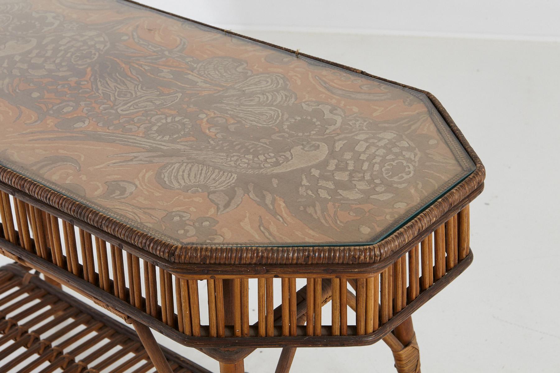 20th Century 1930s French Bamboo and Wicker Console Table with Glass Top and Second Tier For Sale