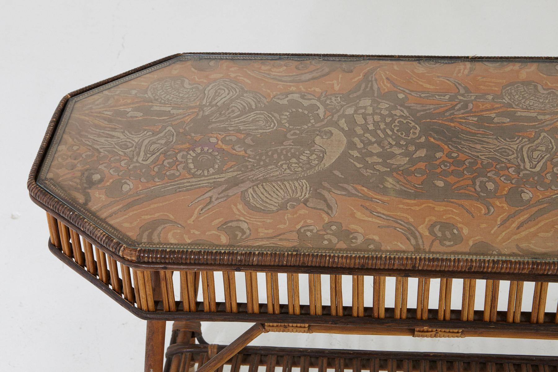 Fabric 1930s French Bamboo and Wicker Console Table with Glass Top and Second Tier For Sale