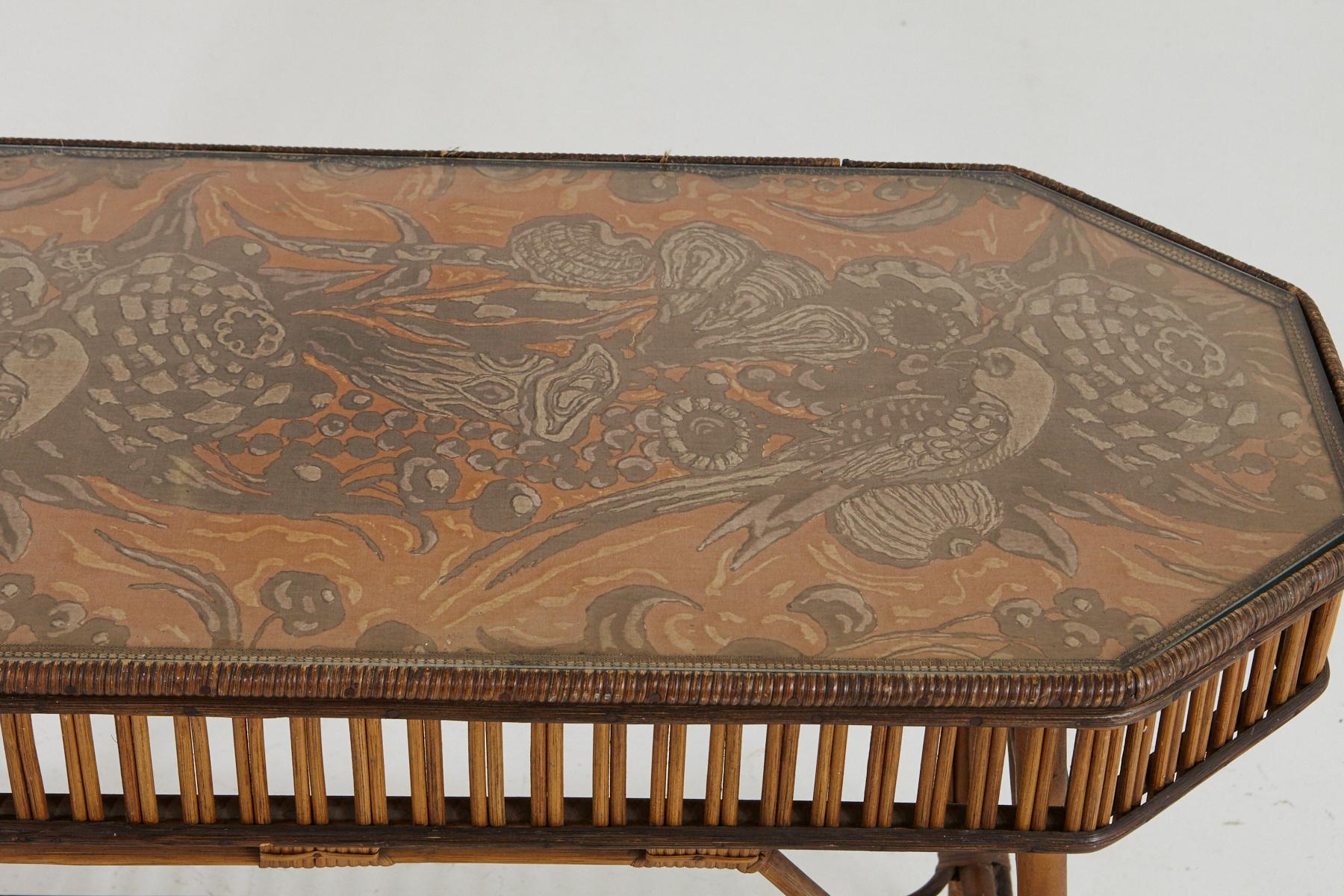 1930s French Bamboo and Wicker Console Table with Glass Top and Second Tier For Sale 1