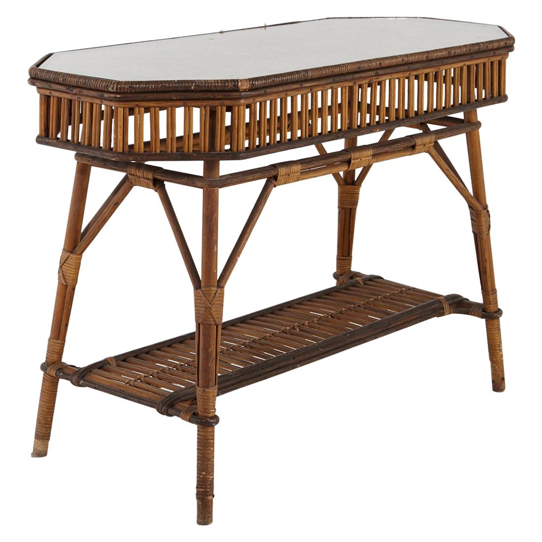 1930s French Bamboo and Wicker Console Table with Glass Top and Second Tier For Sale