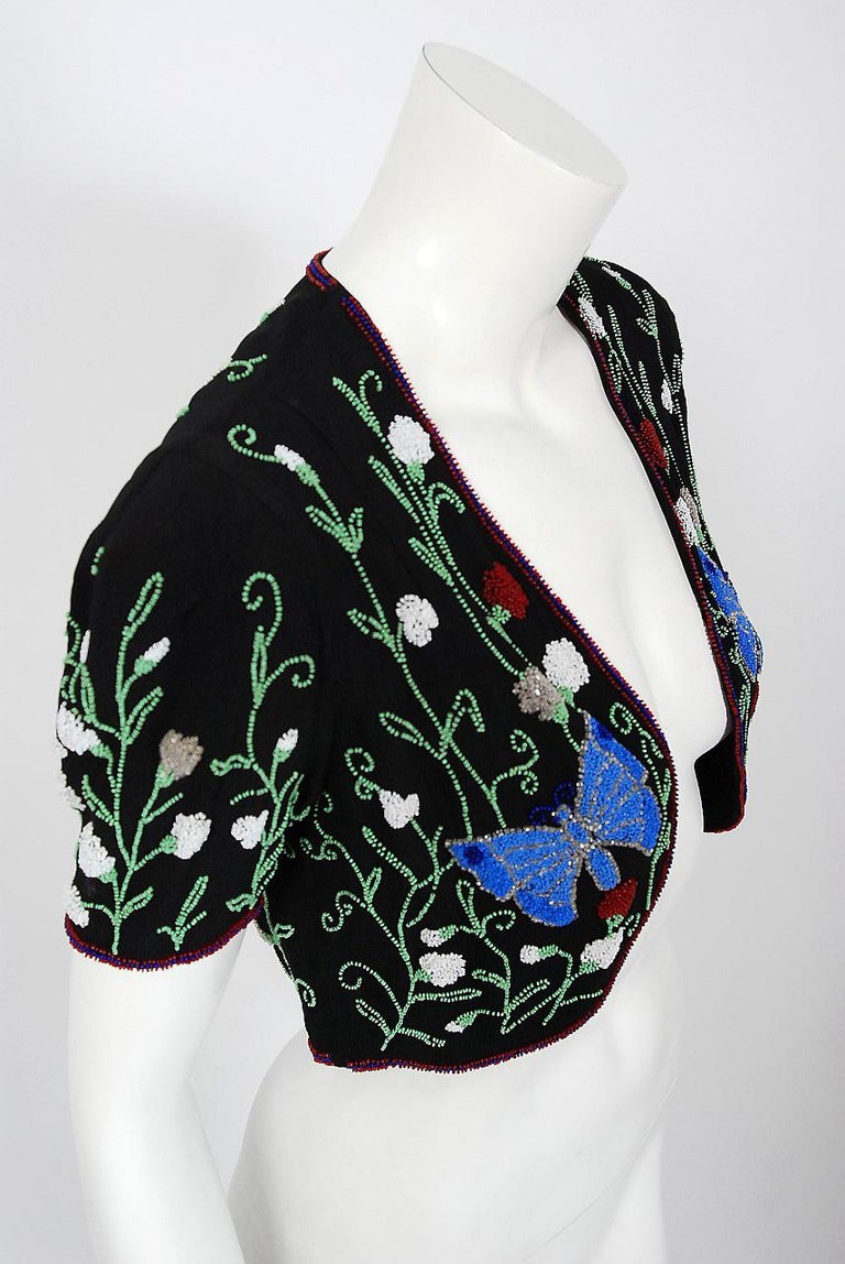 Vintage 1930's French Beaded Butterfly Garden Novelty Black Crepe