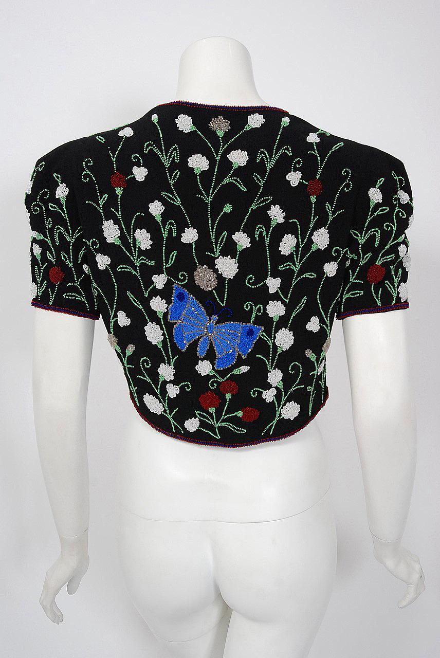 Women's Vintage 1930's French Beaded Butterfly Garden Novelty Black Crepe Bolero Jacket 