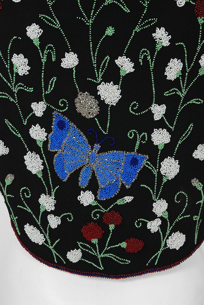 Vintage 1930's French Beaded Butterfly Garden Novelty Black Crepe Bolero Jacket  1