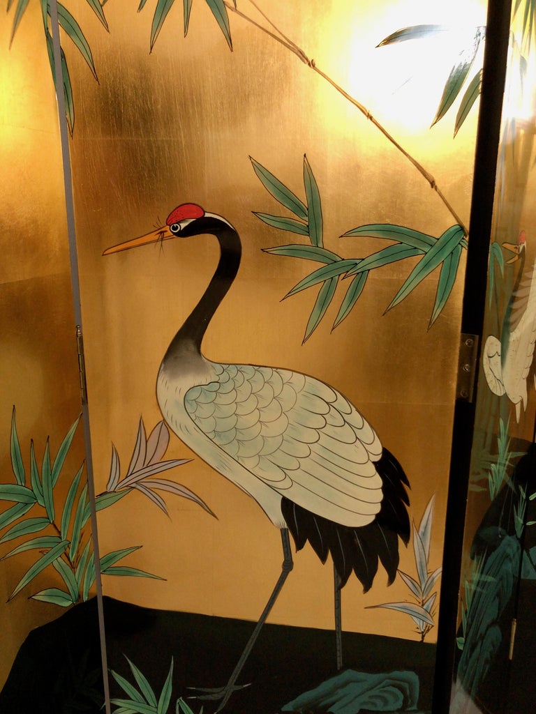 Art Deco 1930s French Black and Golden Paravent Room Divider Screen with Waterfowl Motive For Sale