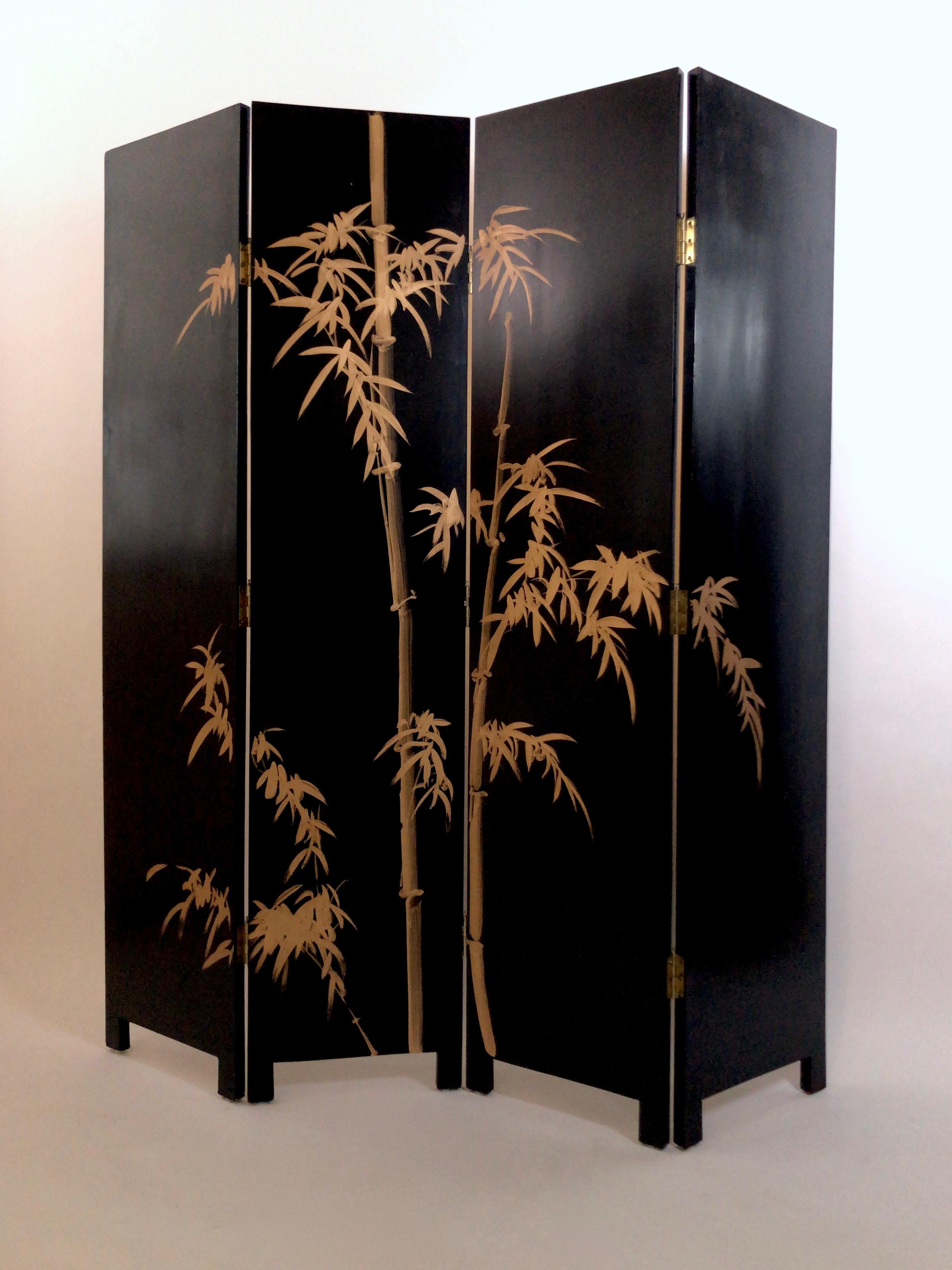 1930s French Black and Golden Paravent Room Divider Screen with Waterfowl Motive In Fair Condition For Sale In Baden-Baden, Baden-Württemberg