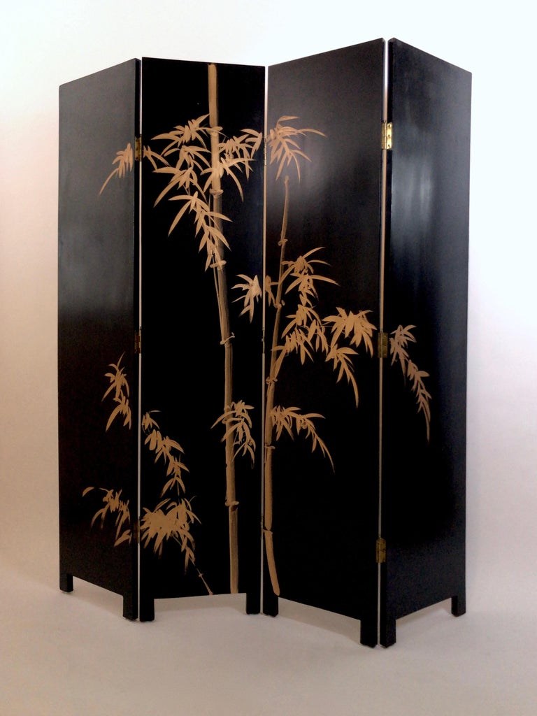 Wood 1930s French Black and Golden Paravent Room Divider Screen with Waterfowl Motive For Sale