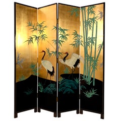 Antique 1930s French Black and Golden Paravent Room Divider Screen with Waterfowl Motive