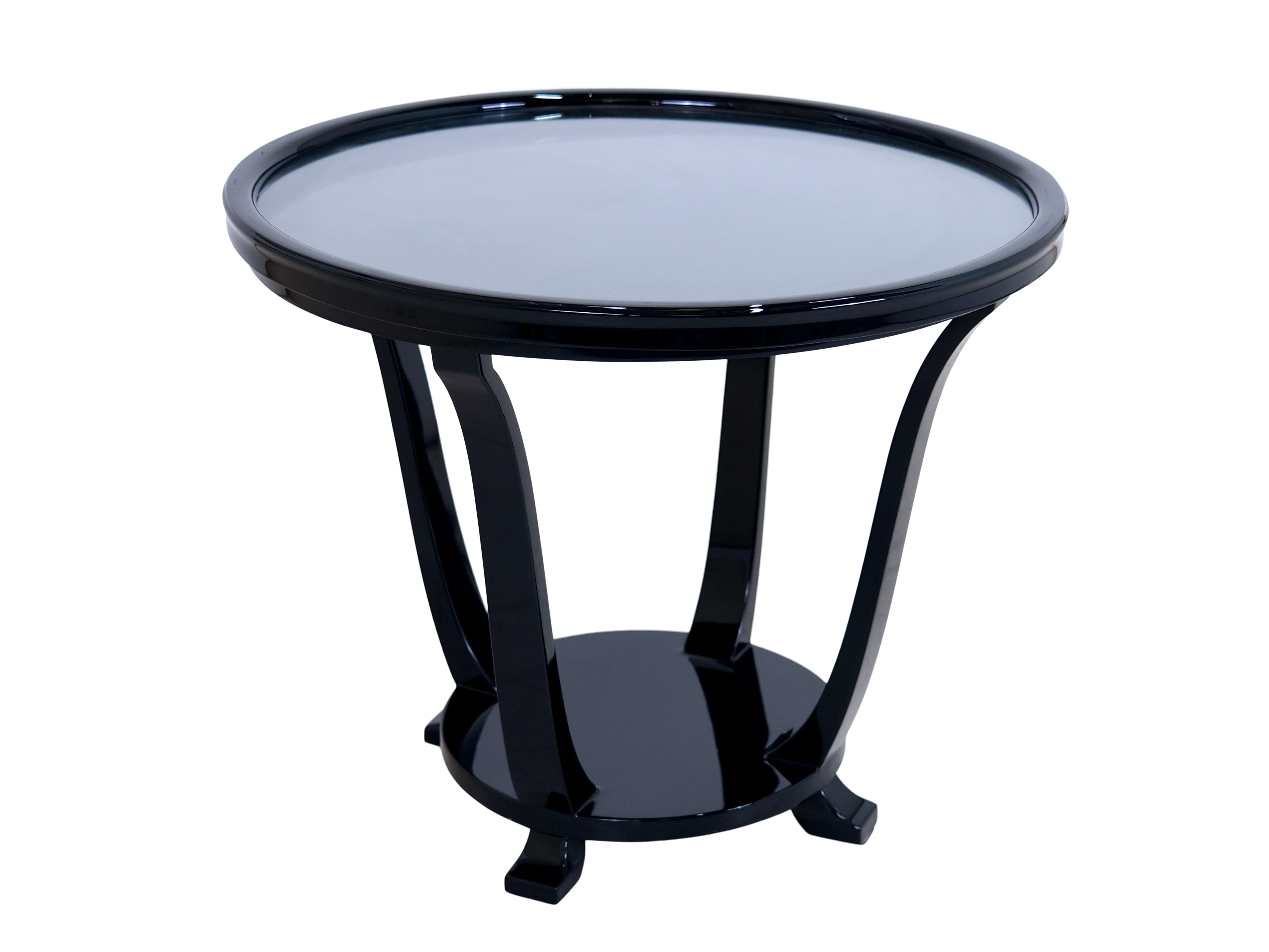 Blackened 1930s French Black Piano Lacquer Art Deco Side Table with Removable Glass Tray