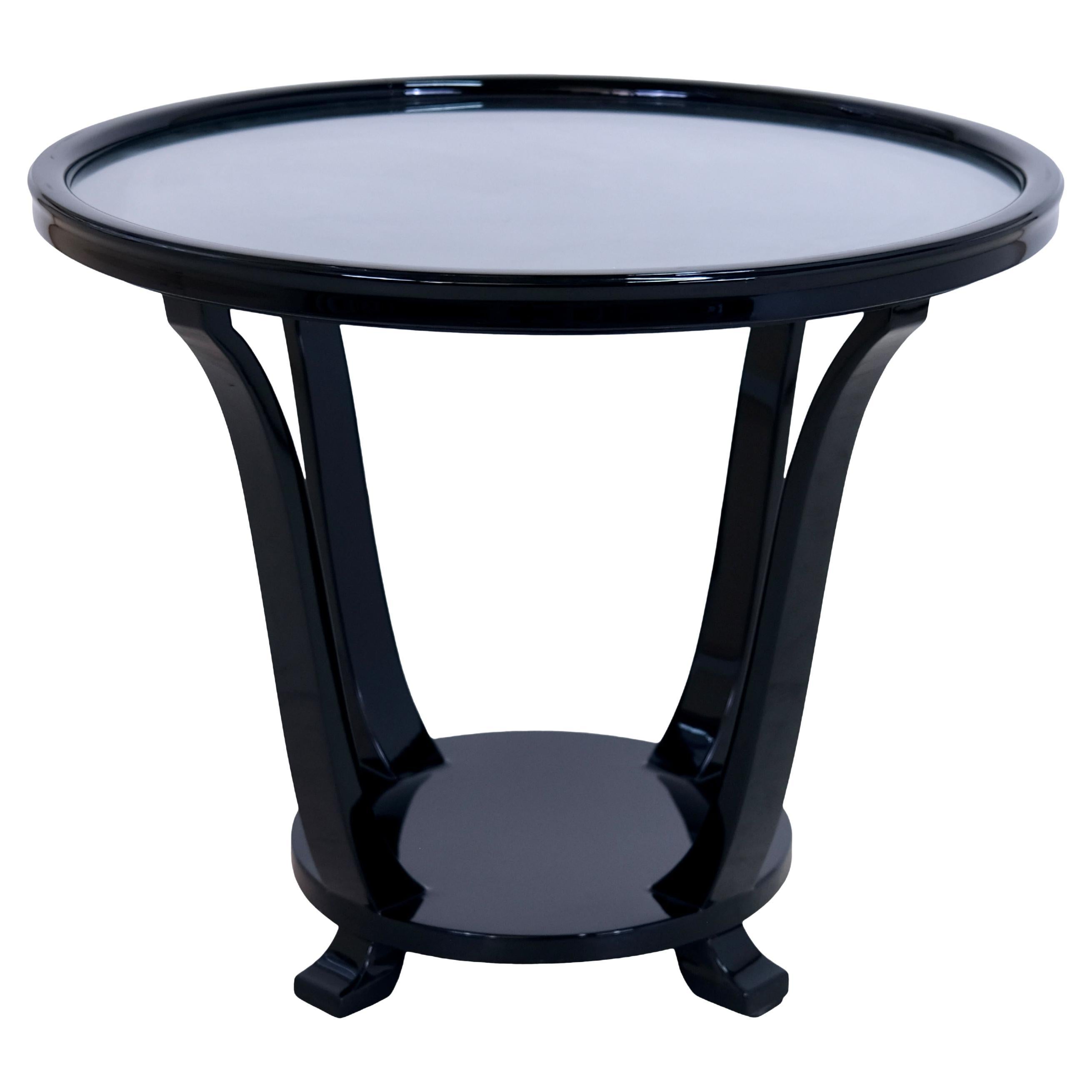 Table d'appoint Art déco française des années 1930 en laque de piano noire avec plateau en verre amovible