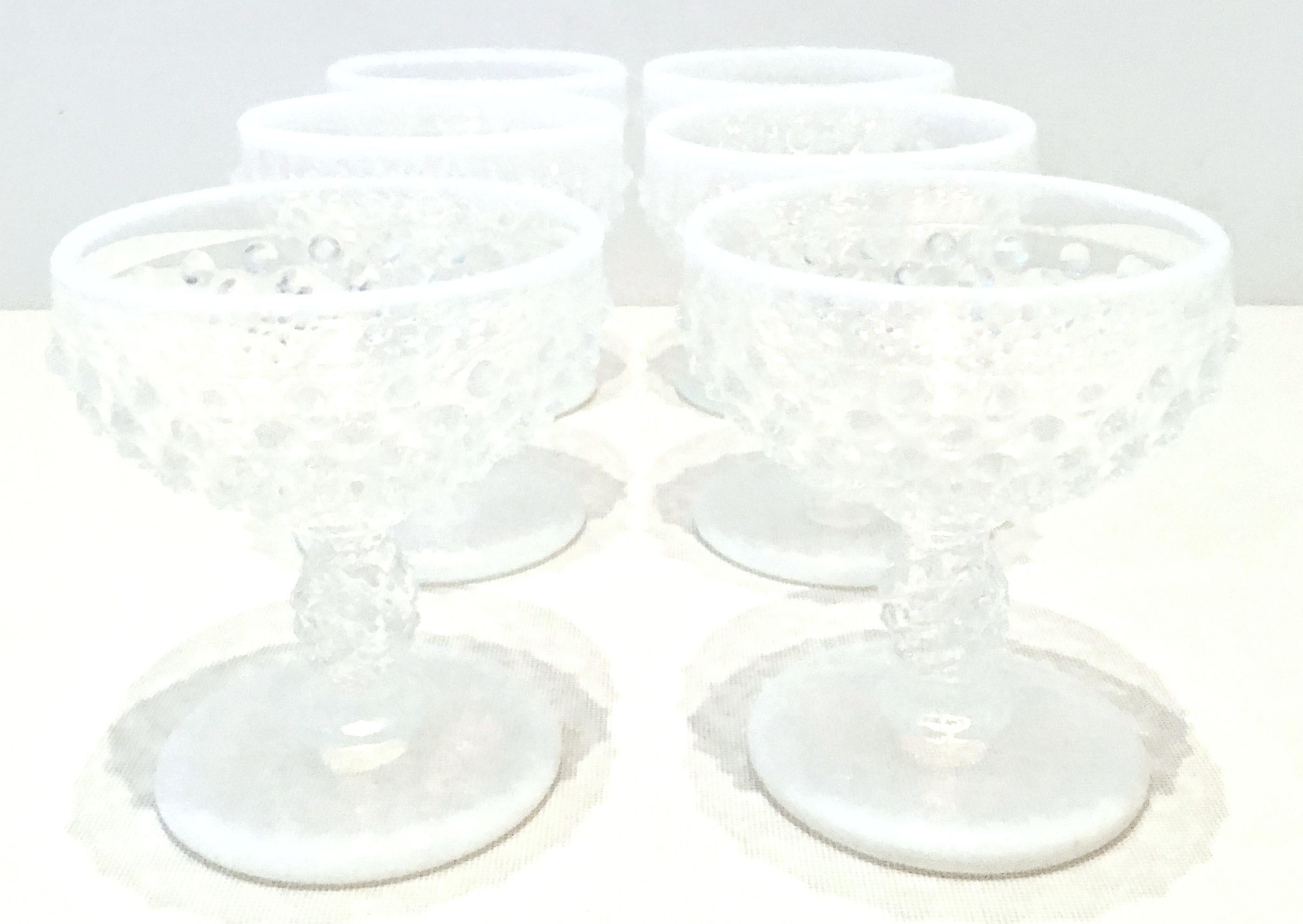 1930'S Art Deco Opalescent Art Glass French blue and white hob nail coupe drink glasses By, Fenton. This rare set of six glasses are translucent with an opalescent french blue and white.