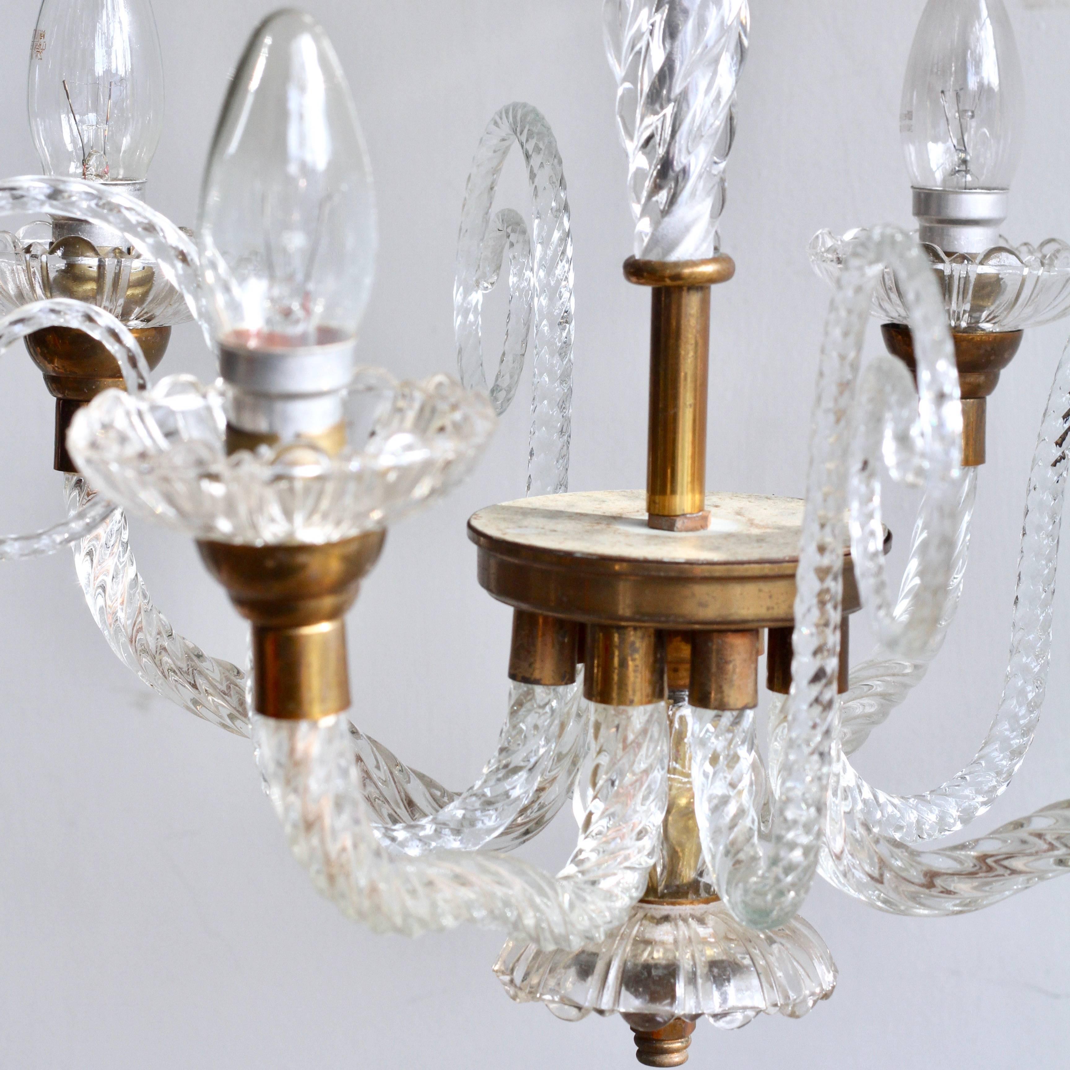 1930s French Brass and Glass Chandelier In Good Condition In Stockport, GB