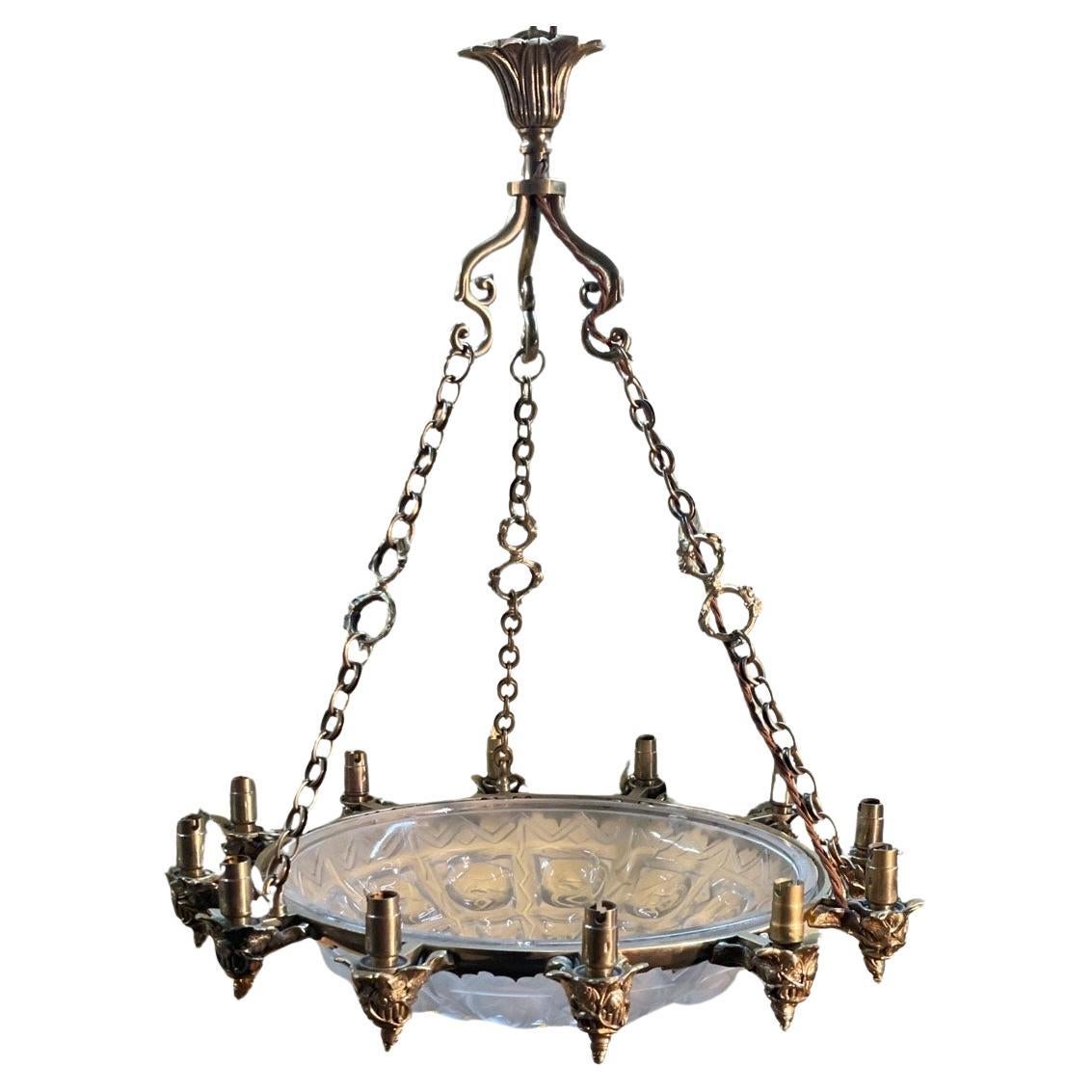 1930's French Brass Bowl Pendant Light For Sale